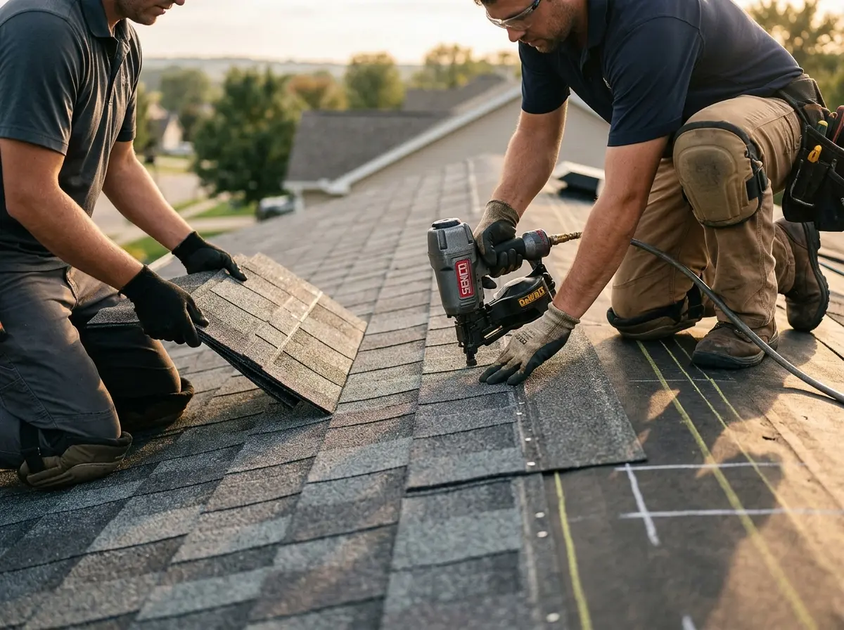 Professional roofer working on a residential roof in Westbrook